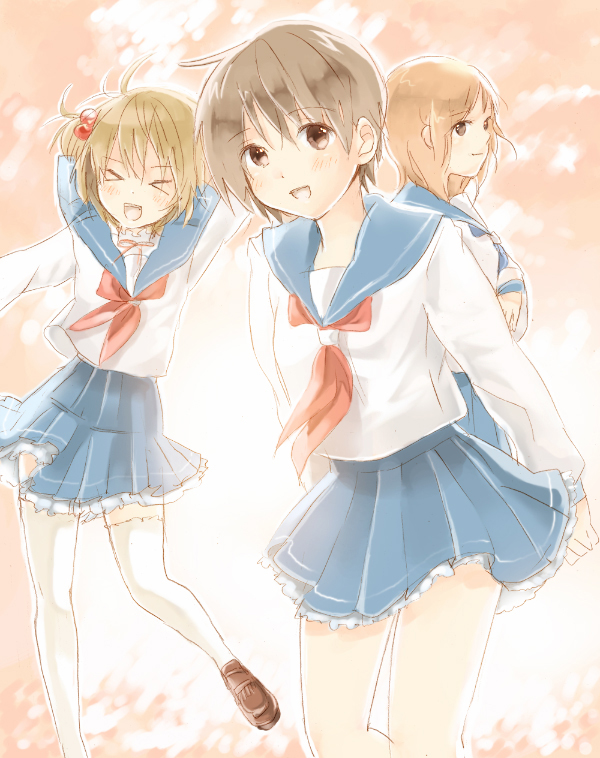 yoshioka mitsuko, kataoka yuuki, miyanaga saki, takei hisa, saki (manga), bad id, bad pixiv id, > <, 00s, blush, bow, brown eyes, brown hair, closed eyes, hair bobbles, hair ornament, neckerchief, red hair, red neckerchief, school uniform, serafuku, short hair, short twintails, skirt, smile, thighhighs, twintails, two side up