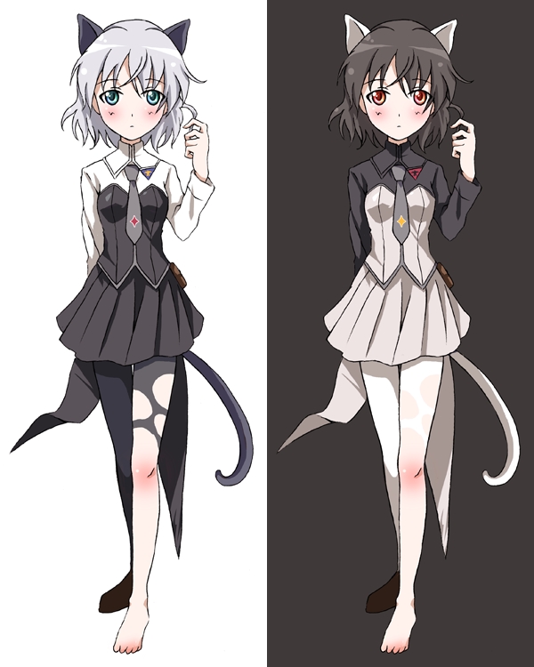 sw2, sanya v. litvyak, strike witches, world witches series, silver hair, torn legwear, bad id, bad pixiv id, 00s, 1girl, animal ears, barefoot, black hair, black pantyhose, blush, cat ears, cat tail, dual persona, feet, green eyes, pantyhose, red eyes, short hair, tail, torn clothes, white pantyhose
