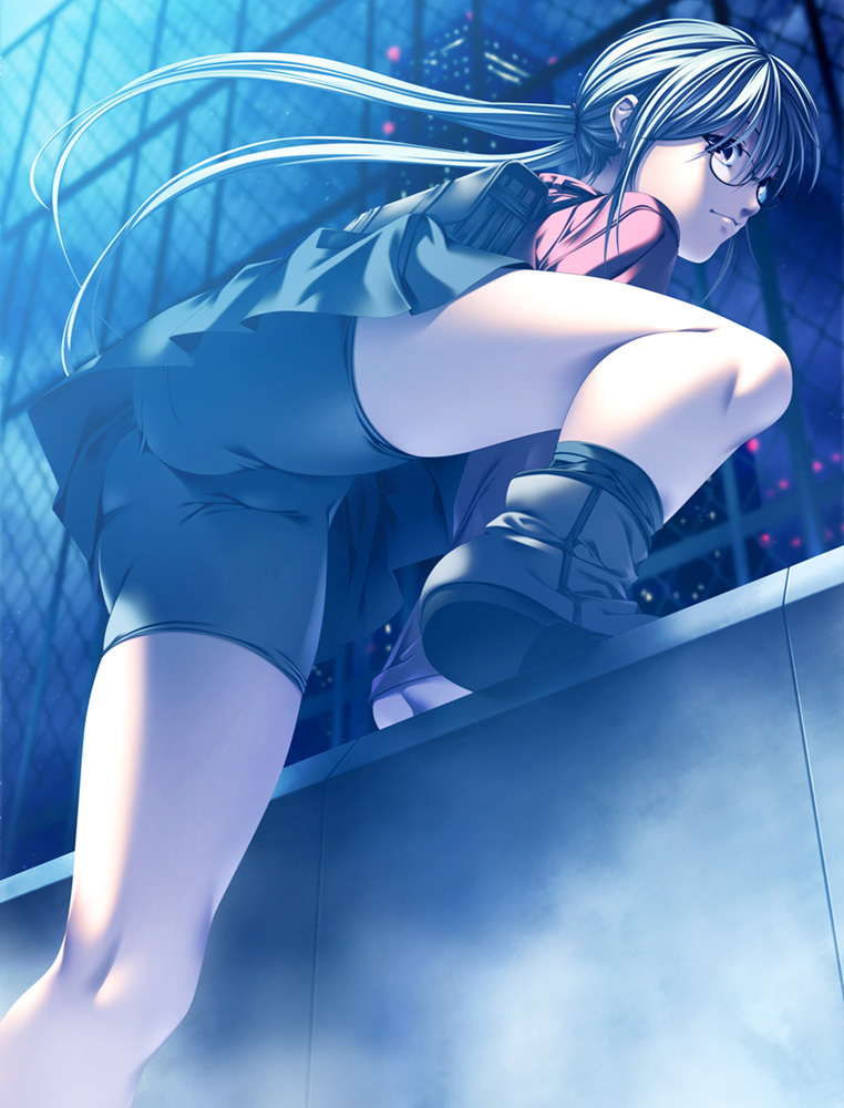 rezi, original, bookbag, 1girl, ass, bag, bike shorts, blonde hair, boots, brown eyes, building, chain-link fence, female focus, fence, from below, glasses, legs, long hair, night, pantylines, parkour, skirt, skyline, solo, trefoil, twintails, upskirt