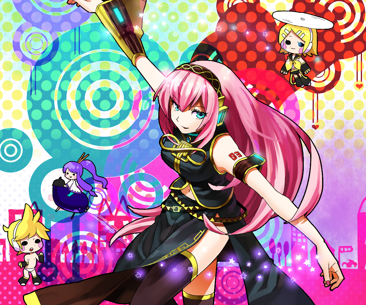 gum (gmng), gumidemo kandero, jam (pixiv172700), kagamine len, kagamine rin, kamui gakupo, megurine luka, double lariat (vocaloid), vocaloid, bad id, bad pixiv id, 2boys, 2girls, blonde hair, blue eyes, chibi, eggplant, hair ornament, hairclip, headphones, long hair, midriff, multiple boys, multiple girls, navel, pink hair, short hair, smile, thighhighs