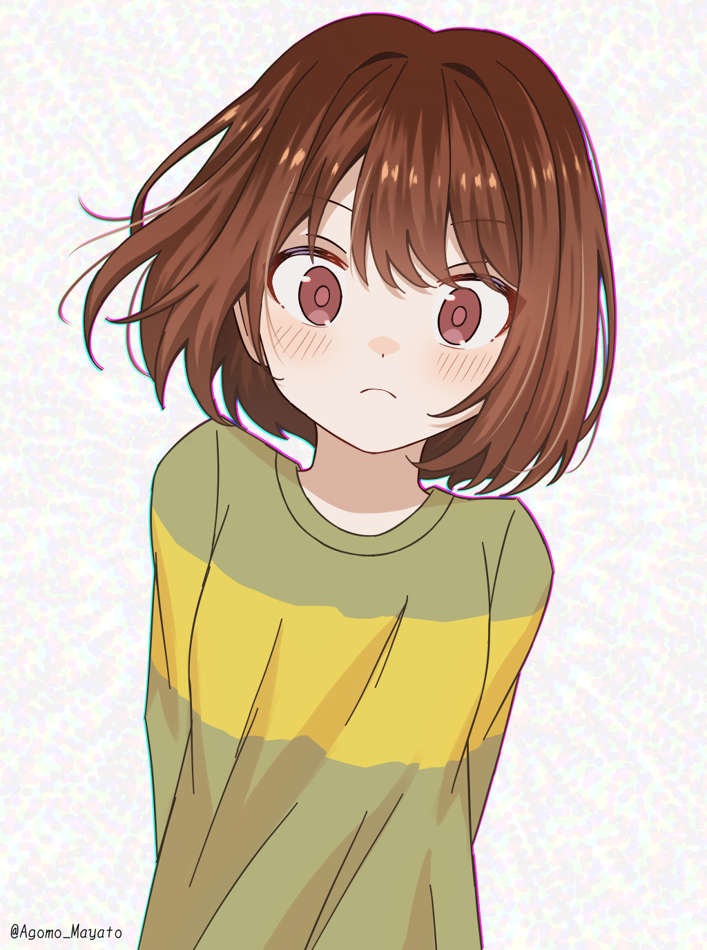 agomo, chara (undertale), undertale, utdr (toby fox), commentary, english commentary, highres, 1other, :<, arms behind back, artist name, blush, bob cut, bright pupils, brown eyes, brown hair, close-up, floating hair, green sweater, head tilt, long sleeves, looking at viewer, loose hair strand, portrait, short hair, single horizontal stripe, solo, straight-on, sweater, twitter username, two-tone sweater, upper body, v arms, white background, yellow sweater
