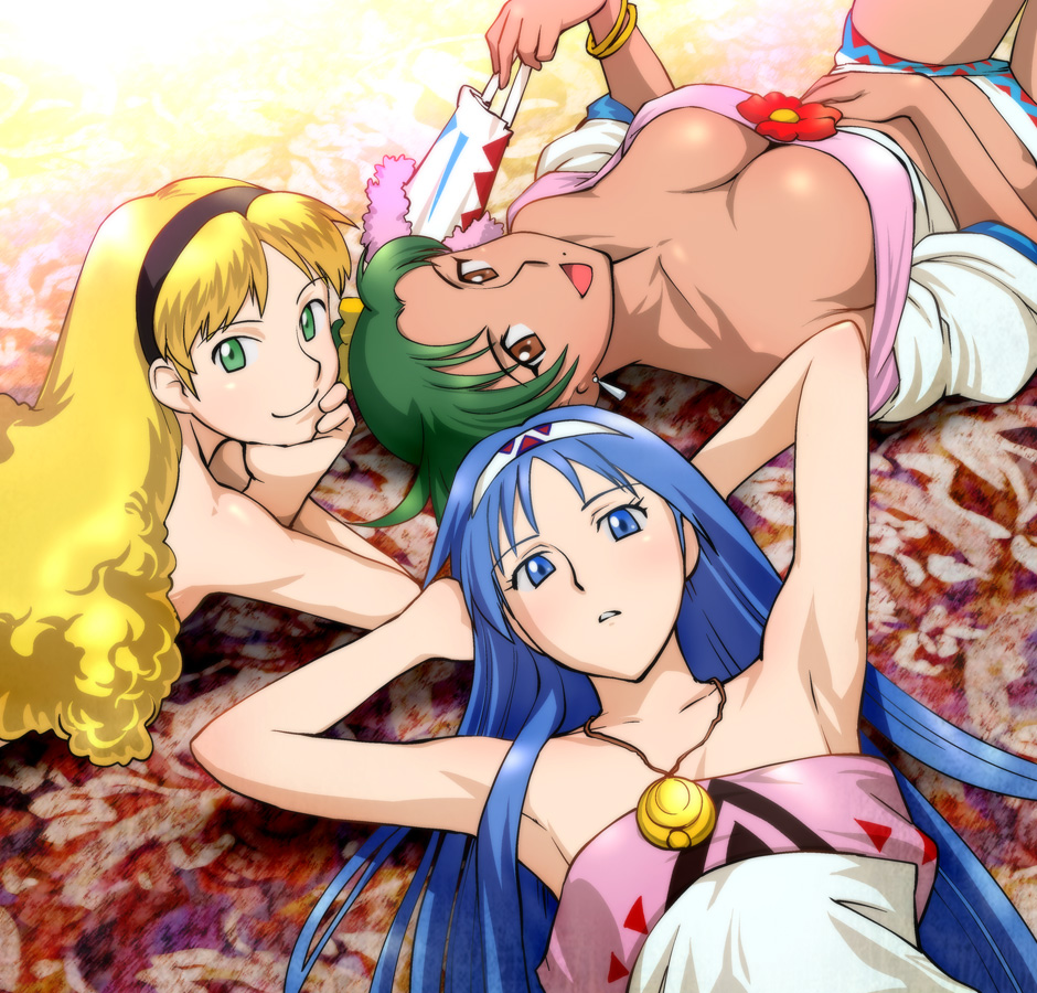 ueyama michirou, jean (lunar), lemina ausa, lucia (lunar), game arts, lunar, lunar 2: eternal blue, 3girls, armpits, blonde hair, blue eyes, blue hair, breasts, brown eyes, cleavage, dark-skinned female, dark skin, female focus, green eyes, green hair, jewelry, large breasts, looking at viewer, lying, midriff, mole, multiple girls, necklace, open mouth, smile