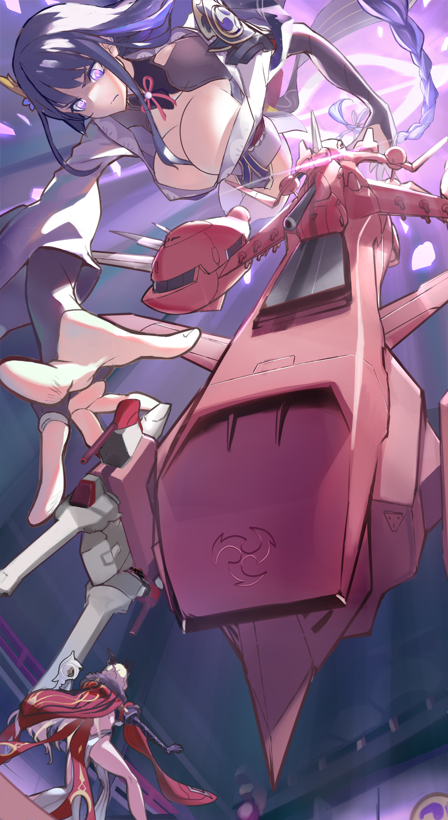 aoi lavender, raiden shogun, signora (genshin impact), genshin impact, gundam, gundam seed, commentary request, highres, 2girls, alternate costume, angry, asymmetrical sleeves, bare legs, black gloves, blonde hair, blunt bangs, blurry, braid, breasts, bridal gauntlets, cleavage, closed mouth, clothing cutout, collarbone, crossover, depth of field, elbow gloves, electro symbol (genshin impact), from behind, from below, gloves, glowing, glowing eyes, hair flowing over, hair ornament, hair ribbon, holding, holding weapon, huge breasts, indoors, japanese clothes, kimono, large breasts, long braid, long hair, looking down, mini person, minigirl, mitsudomoe (shape), multicolored hair, multiple girls, neck ribbon, off shoulder, oversized object, purple eyes, purple hair, purple kimono, purple ribbon, reaching, reaching towards another, red ribbon, ribbon, shade, shoulder cutout, single braid, size difference, streaked hair, thighs, tomoe (symbol), uneven sleeves, upper body, weapon, wide sleeves