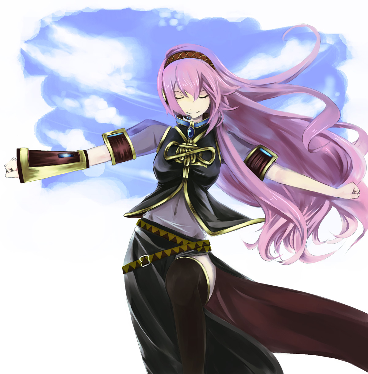 yui 7, megurine luka, double lariat (vocaloid), vocaloid, highres, 1girl, closed eyes, female focus, headphones, headset, long hair, midriff, navel, outstretched arms, pink hair, sky, smile, solo, spread arms, thighhighs, wind