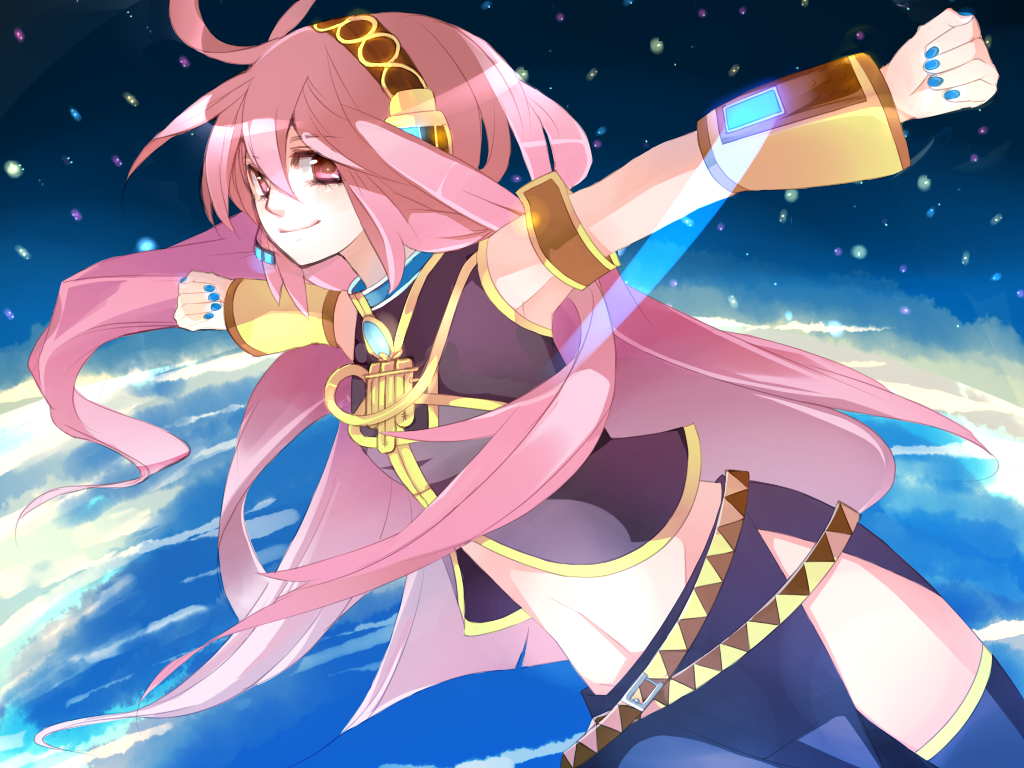 atsumi jun, megurine luka, double lariat (vocaloid), vocaloid, 1girl, blue nails, female focus, headphones, headset, long hair, midriff, nail polish, navel, pink eyes, pink hair, smile, solo, thighhighs
