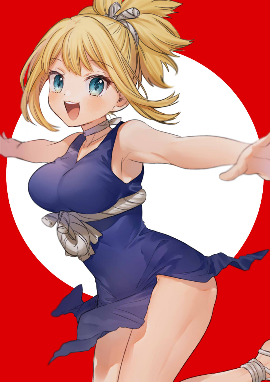 tomo (sjim), kohaku (dr. stone), dr. stone, highres, 1girl, :d, armpits, bare arms, bare shoulders, blonde hair, blue dress, blue eyes, blush, breasts, choker, dress, large breasts, looking at viewer, open mouth, outstretched arms, ponytail, red background, rope, rope belt, short dress, sleeveless, sleeveless dress, smile, solo, spread arms, teeth, thighs, two-tone background, upper teeth only, white choker