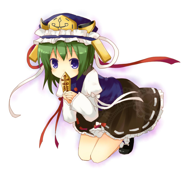 yuzuki (yuduame), shiki eiki, touhou, 1girl, blue eyes, female focus, green hair, hat, rod of remorse, solo