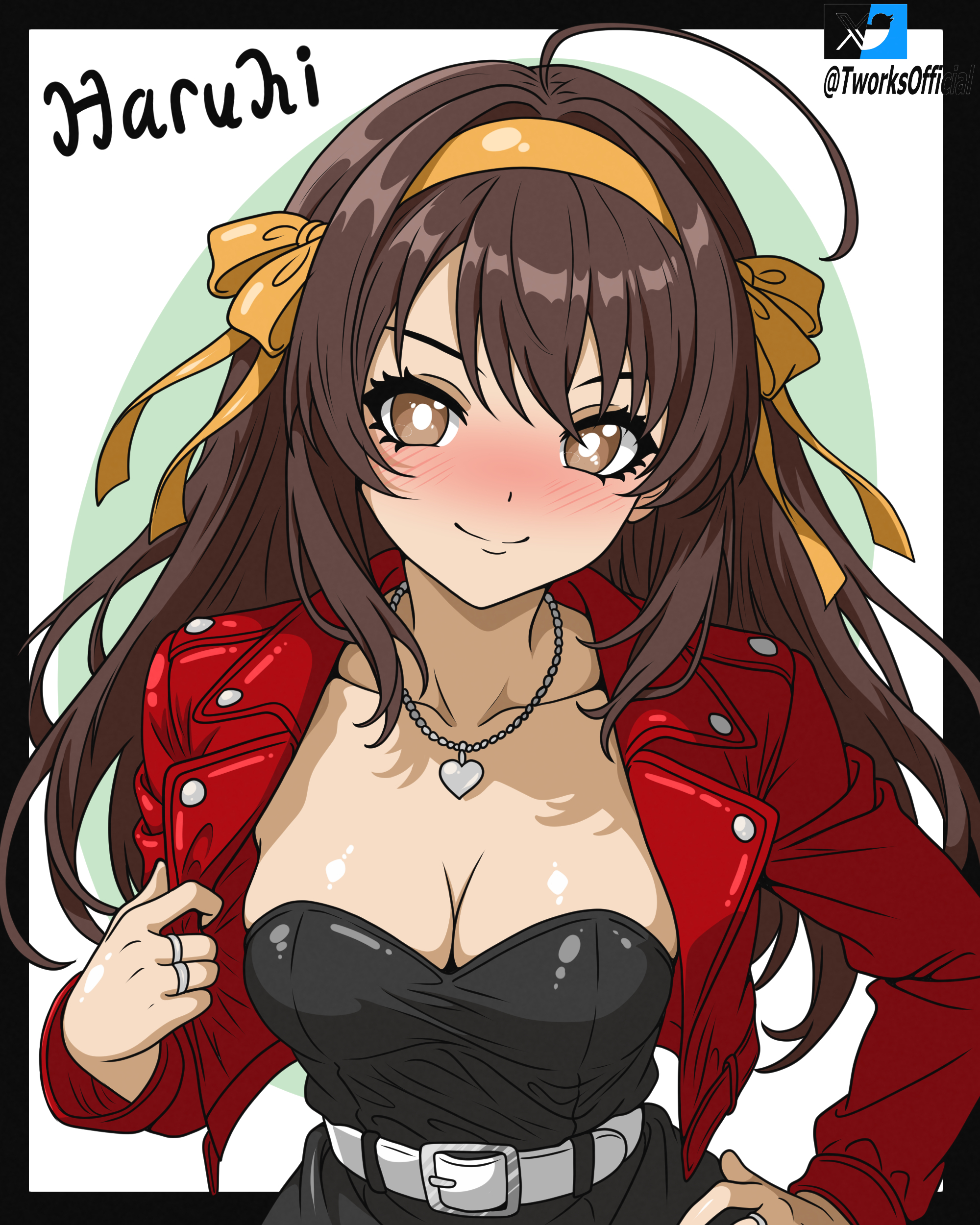t-works, suzumiya haruhi, suzumiya haruhi no yuuutsu, absurdres, highres, belt, black dress, breasts, brown eyes, brown hair, cleavage, collarbone, dress, hairband, hand on own hip, jacket, jewelry, leather, leather jacket, long hair, looking at viewer, medium breasts, necklace, red jacket, ring, smile