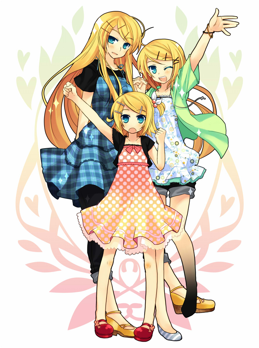 tamura hiro, kagamine rin, kagamine rin (future style), vocaloid, highres, 3girls, age comparison, aged up, ahoge, alternate hairstyle, blonde hair, blue eyes, casual, dress, hair ornament, hairclip, long hair, mary janes, multiple girls, multiple persona, one eye closed, shoes, time paradox, wink