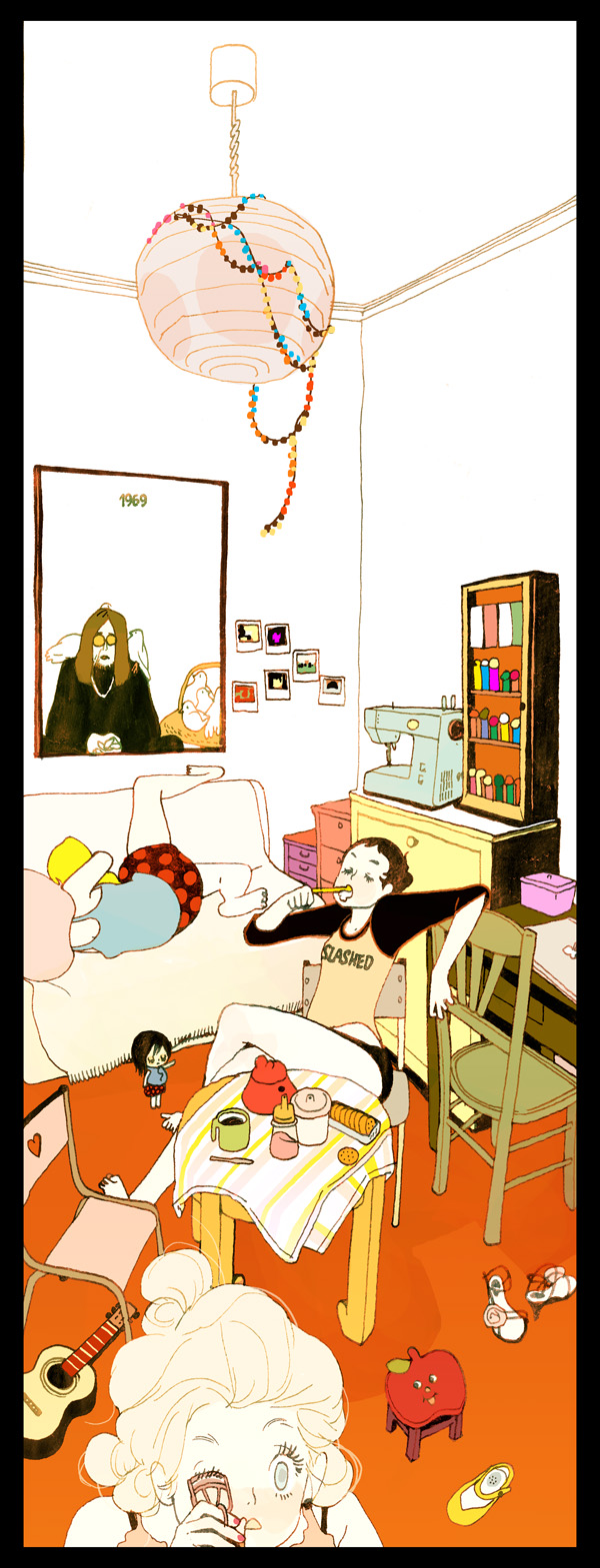 little thunder, john lennon, original, the beatles, highres, 2girls, acoustic guitar, guitar, instrument, multiple girls, room, short shorts, shorts, slice of life