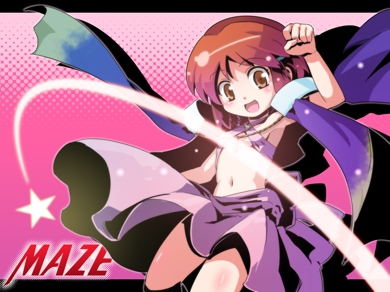 edobox, mill varna, maze bakunetsu jikuu, 1990s (style), 1girl, armpits, blush, brown eyes, brown hair, cape, flat chest, halterneck, jewelry, midriff, navel, necklace, retro artstyle, short hair, star (symbol)