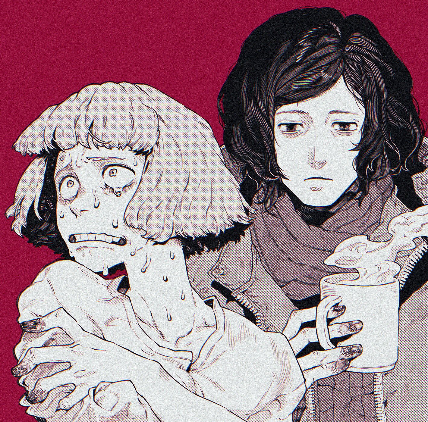 norasame (dagako), coat guy (no i'm not a human), no i'm not a human, highres, 1boy, 1girl, black hair, blood, blood on hands, blunt bangs, bob cut, cashier girl (no i'm not a human), clenched teeth, closed mouth, coat, cup, hands on own arms, holding, holding cup, mug, parted hair, partially colored, red background, scarf, shirt, short hair, simple background, smoke, smoke trail, sweat, sweater, teeth, trembling, white shirt, wide-eyed