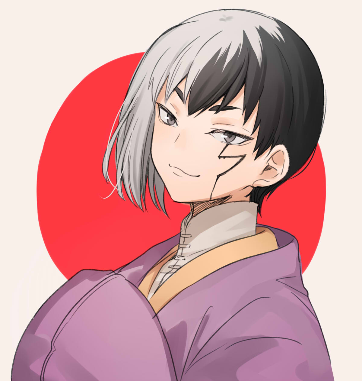 tomo (sjim), asagiri gen, dr. stone, highres, 1boy, :3, black eyes, black hair, closed mouth, grey background, grey eyes, hands in opposite sleeves, japanese clothes, kimono, long sleeves, looking at viewer, male focus, multicolored hair, purple kimono, red background, short hair, sleeves past fingers, sleeves past wrists, smile, smirk, smug, solo, split-color hair, two-tone hair, upper body, white hair
