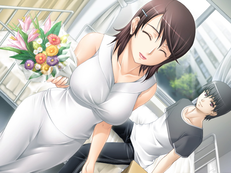 saburoo, kagami akira, misaki mizuki, ail soft, mesu nie onna kyoushi, game cg, 1boy, 1girl, bed, black hair, bouquet, breasts, brown hair, closed eyes, dutch angle, flower, hair ornament, hairclip, hospital, hospital bed, large breasts, lipstick, makeup, medical, red eyes, short hair, sitting, smile, window
