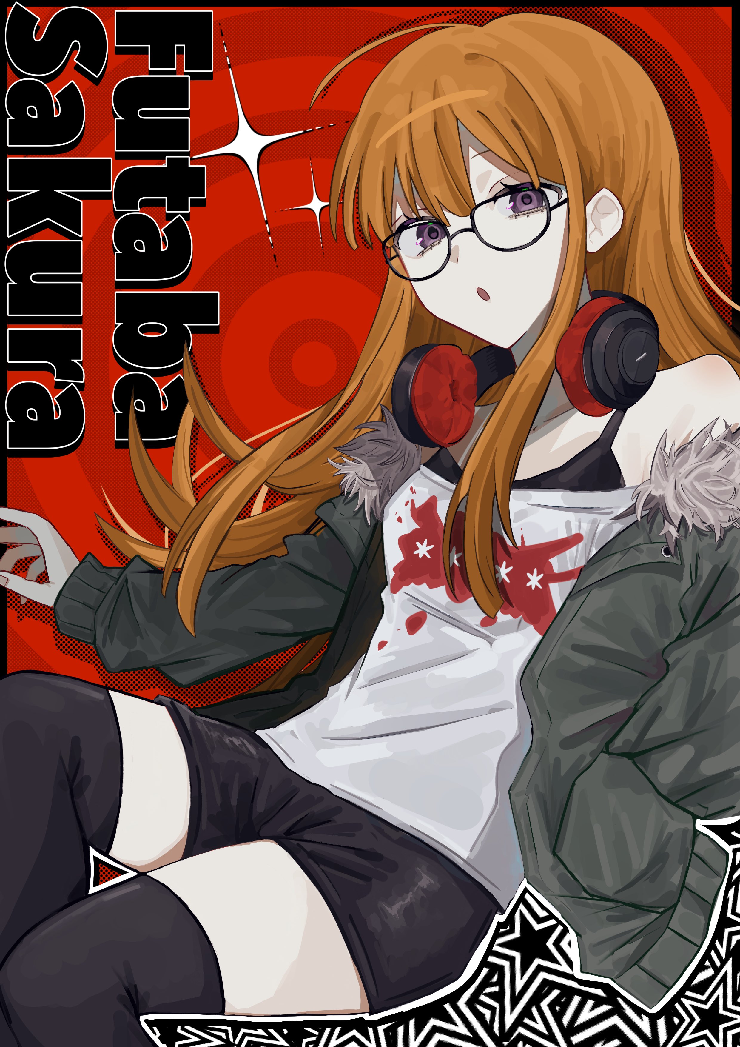 sakura futaba, persona, persona 5, absurdres, commentary request, hashtag-only commentary, highres, 1girl, :o, ahoge, black-framed eyewear, black shorts, black tank top, black thighhighs, breasts, character name, feet out of frame, fur-trimmed jacket, fur trim, glasses, green jacket, headphones, headphones around neck, jacket, jacket partially removed, long hair, long sleeves, looking at viewer, off-shoulder shirt, off shoulder, orange hair, print shirt, purple eyes, red background, shirt, shorts, sidelocks, small breasts, solo, sparkle, star (symbol), star symbol background, tank top, thighhighs, white shirt, xyurux0