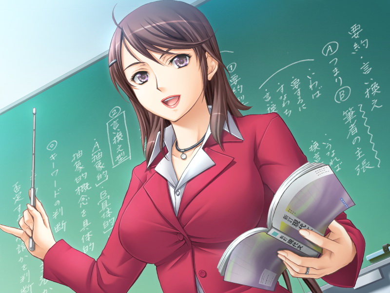 saburoo, misaki mizuki, ail soft, mesu nie onna kyoushi, game cg, 1girl, book, breasts, brown hair, chalkboard, classroom, female focus, female teacher, formal clothes, hair ornament, hairclip, indoors, jewelry, large breasts, lipstick, makeup, necklace, open mouth, pinky out, pointer, purple eyes, ring, school, short hair, skirt, skirt suit, smile, solo, suit, teacher, wedding band, wedding ring