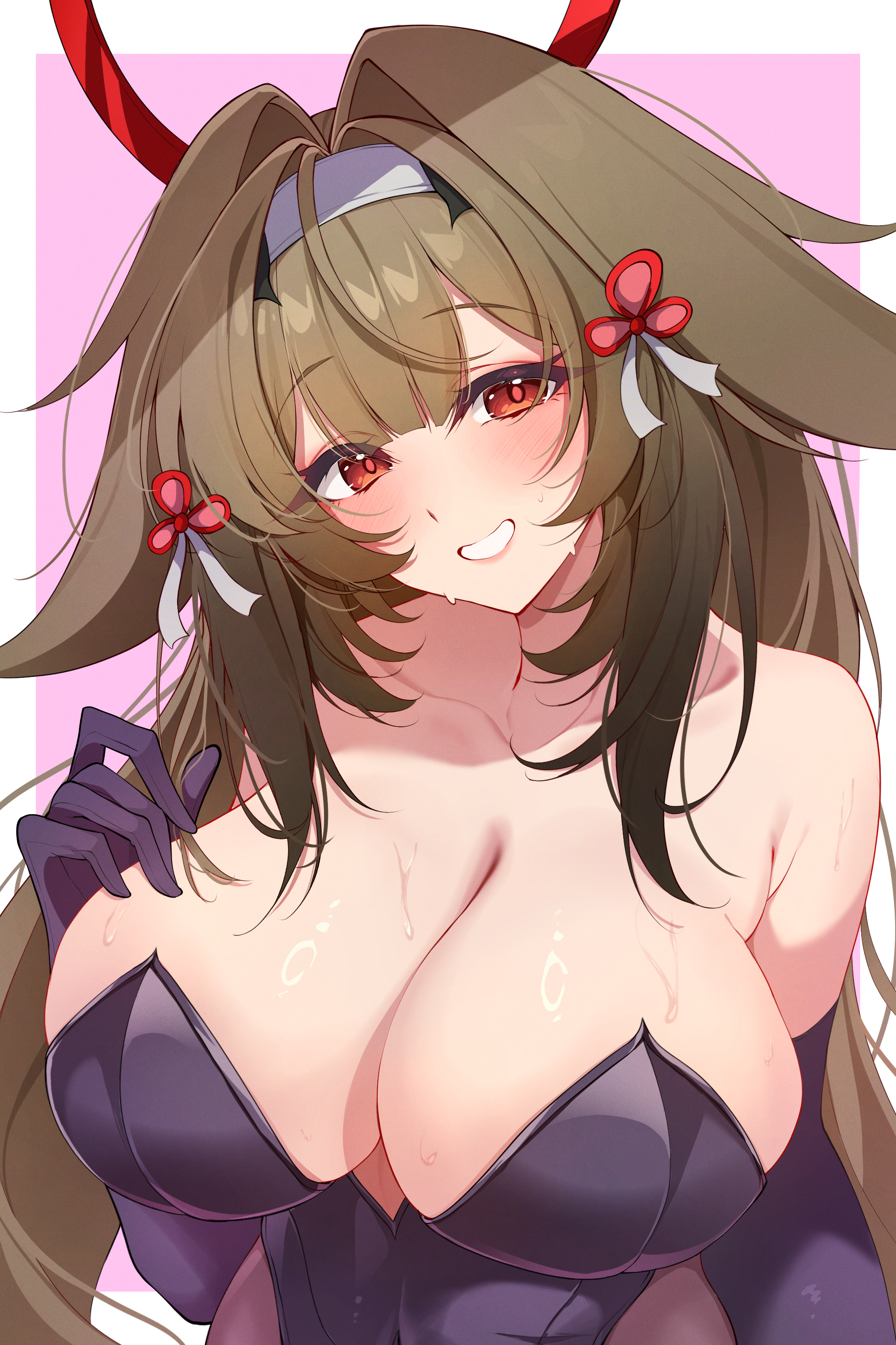 midori (midori13579), ye shunguang, zenless zone zero, absurdres, commentary, english commentary, highres, 1girl, alternate breast size (larger), alternate costume, bare shoulders, blush, bodystocking, border, breasts, brown hair, clover, clover hair ornament, collarbone, covered navel, gloves, grin, hair between eyes, hair intakes, hair ornament, hairband, hand on own chest, head tilt, large breasts, leotard, long hair, looking at viewer, pink background, purple gloves, purple leotard, purple sleeves, red eyes, see-through clothes, smile, solo, strapless, strapless leotard, sweat, upper body, very long hair, white border, white hairband