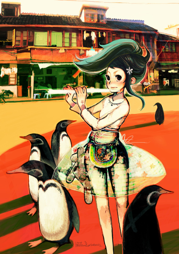 little thunder, bad id, bad pixiv id, bird, flute, green hair, instrument, long hair, penguin, ponytail, solo, wind