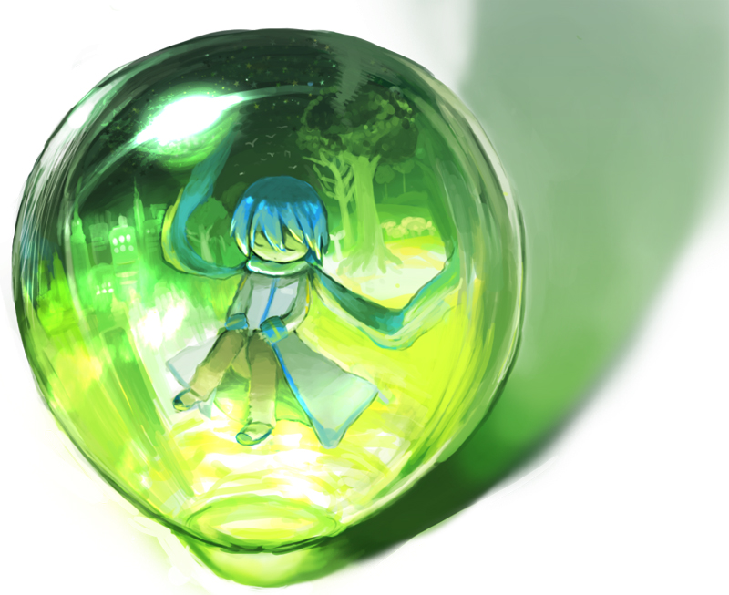 kaito (vocaloid), vocaloid, bad id, bad pixiv id, 1boy, bird, blue hair, blue scarf, cityscape, closed eyes, globe, in container, male focus, scarf, sleeping, solo