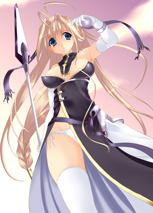 kagura tsukune, gungnir (shinki musume), original, shinki musume, 1girl, antenna hair, elbow gloves, fantasy, female focus, gloves, panties, polearm, side-tie panties, solo, thighhighs, underwear, weapon