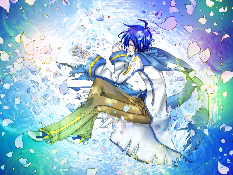 skarapa, kaito (vocaloid), vocaloid, 1boy, ahoge, blue hair, blue scarf, lying, male focus, on side, petals, scarf, solo