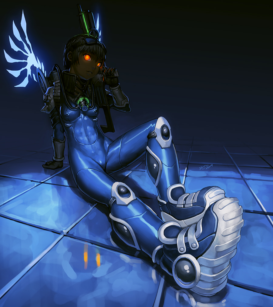 saejin oh, original, bad deviantart id, bad id, 00s, 1girl, 2009, ahoge, arm support, blonde hair, blue theme, blue wings, bodysuit, dark, female focus, foreshortening, gloves, glowing, glowing eyes, goggles, gun, orange eyes, reclining, reflection, short hair, signature, solo, swooping hawk, weapon, wings