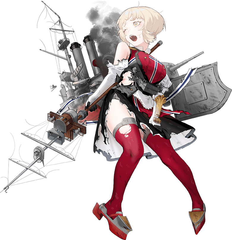 akira (kadokawa), kantai collection, bad link, official art, 1girl, black skirt, blonde hair, burnt clothes, cross, full body, grey eyes, hat, looking at viewer, machinery, mast, norge (kancolle), one eye closed, pantyhose, red thighhighs, short hair, skirt, smoke, smokestack, solo, standing, thighhighs, transparent background