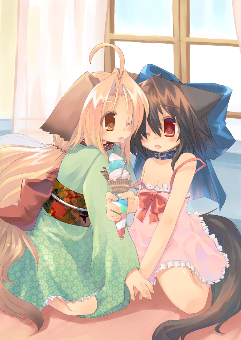 hyokkori tamago, toba hiyoko, kannagi cocoa, raki (konechi), original, 2girls, ahoge, animal ears, blush, brown hair, camisole, collar, dress, food, ice cream, japanese clothes, kimono, kneeling, licking, long hair, multiple girls, red eyes, short hair, strap slip, tail