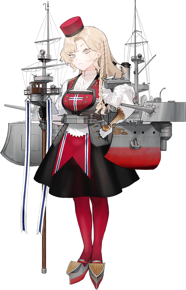 akira (kadokawa), kantai collection, bad link, official art, 1girl, black skirt, blonde hair, cross, eidsvold (kancolle), full body, grey eyes, hat, long hair, looking at viewer, machinery, mast, pantyhose, red hat, red pantyhose, ribbon, skirt, smokestack, solo, standing, transparent background