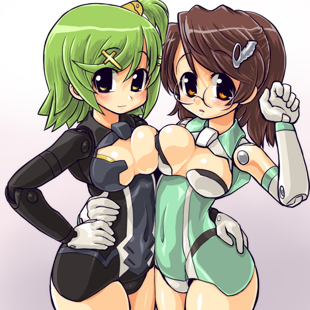 dd (ijigendd), bright feather (busou shinki), harmony grace, busou shinki, bad id, bad pixiv id, 10s, 2girls, arm around waist, asymmetrical docking, blush, breast press, breasts, brown hair, cleavage, cleavage cutout, clenched hand, clothing cutout, covered navel, cowboy shot, cross, cross hair ornament, doll joints, elbow gloves, glasses, gloves, gradient background, green hair, grey background, hair ornament, hairclip, hand on own hip, hand up, hip focus, hug, joints, large breasts, leotard, light smile, looking at viewer, multiple girls, one side up, orange eyes, rimless eyewear, short hair, smile, swept bangs, symmetrical docking, unaligned breasts, white gloves, yellow eyes