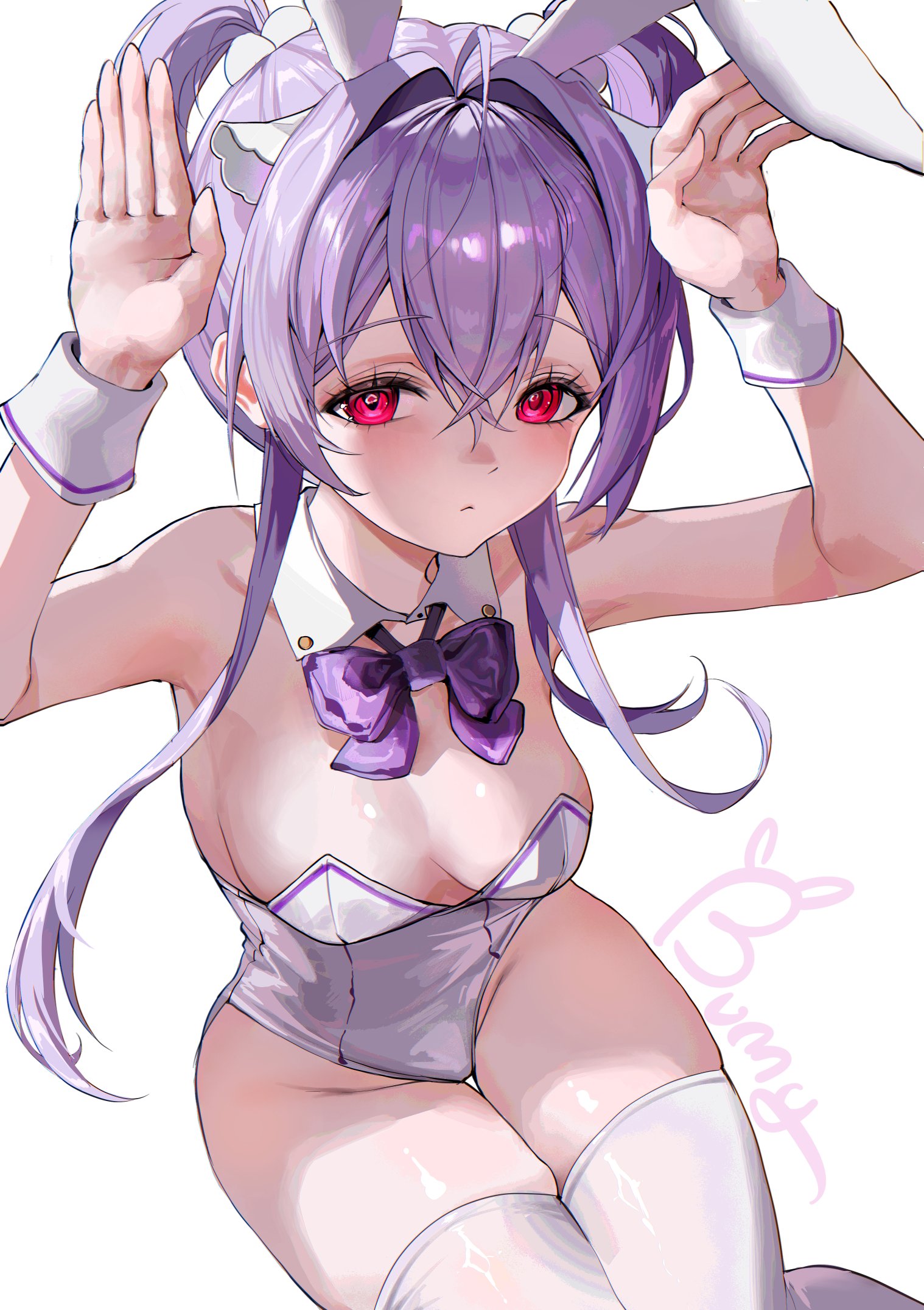n1n1, liberalio (nikke), goddess of victory: nikke, commentary request, highres, 1girl, animal ears, bow, bowtie, breasts, leotard, looking at viewer, medium breasts, playboy bunny, purple bow, purple bowtie, purple hair, rabbit ears, rabbit pose, red eyes, simple background, solo, thighhighs, thighs, white background, white leotard, white thighhighs