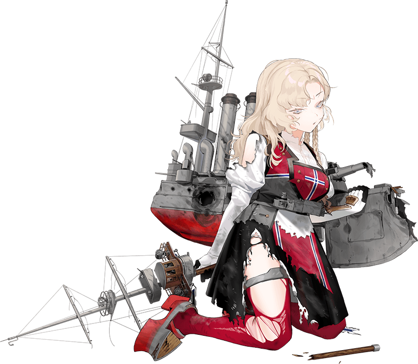 akira (kadokawa), kantai collection, bad link, official art, 1girl, black skirt, blonde hair, cross, eidsvold (kancolle), full body, grey eyes, hat, kneeling, long hair, looking at viewer, machinery, mast, pantyhose, red hat, red thighhighs, ribbon, skirt, smokestack, solo, standing, thighhighs, transparent background