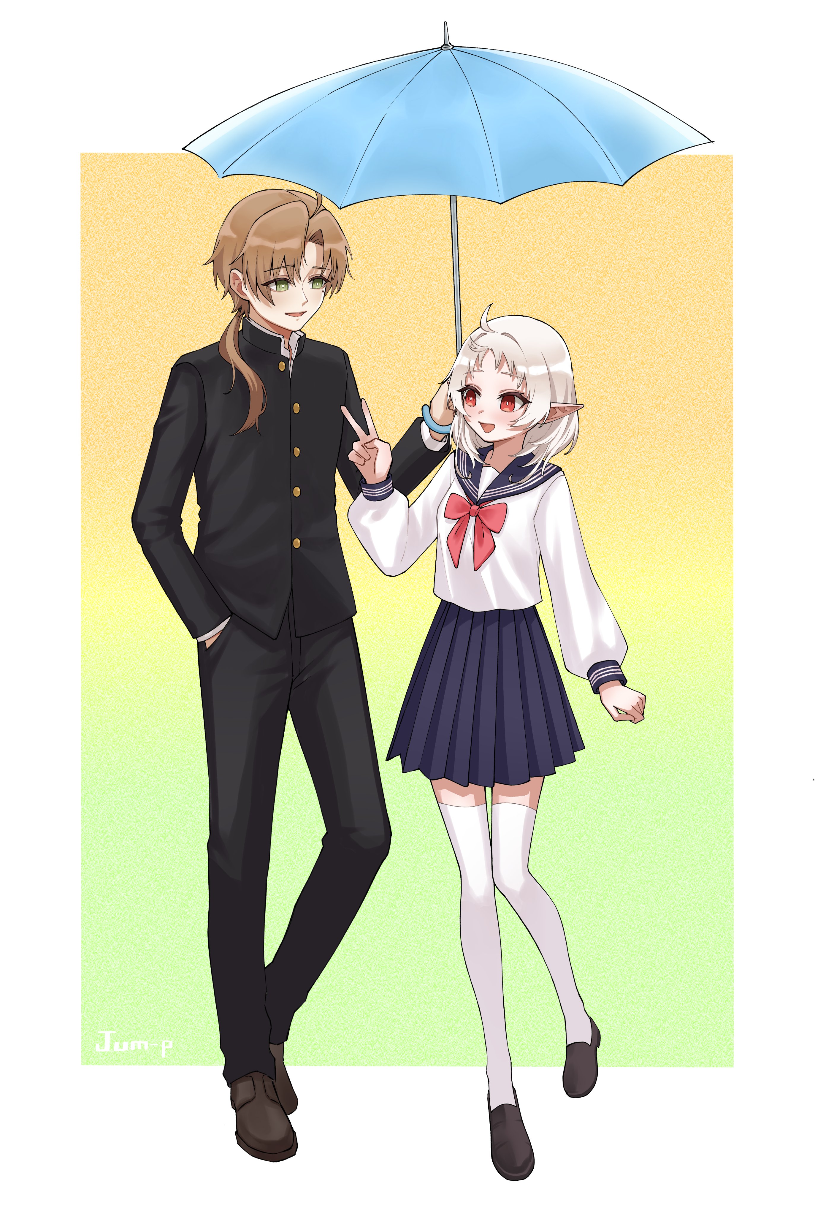 jjum pp, mushoku tensei, absurdres, highres, 1boy, 1girl, ahoge, alternate costume, bow, brown hair, gakuran, green eyes, hand in pocket, holding, holding umbrella, husband and wife, mole, mole under mouth, ponytail, red eyes, school uniform, serafuku, talking, thighhighs, umbrella, v, white hair