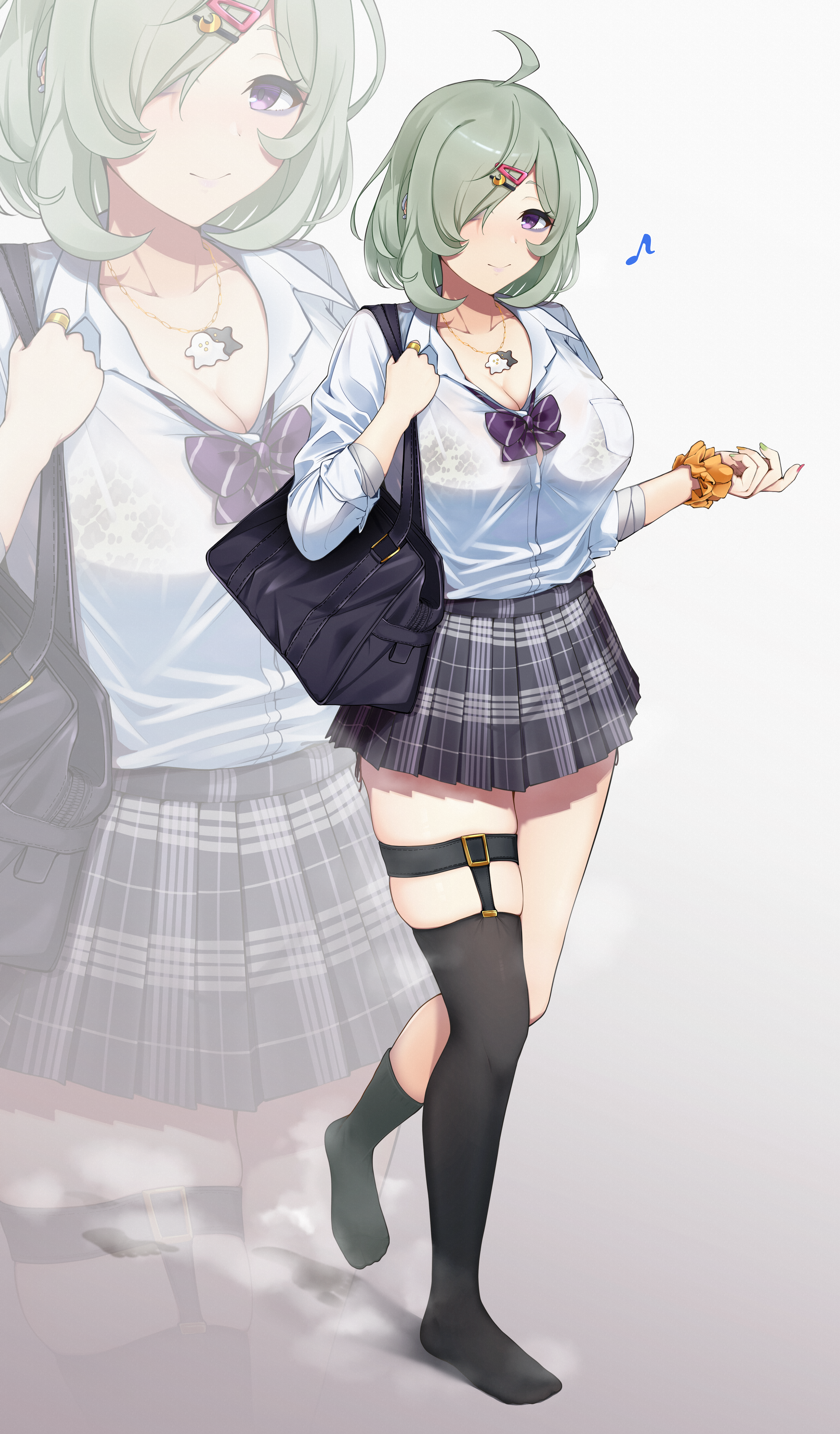 nickh4410, original, absurdres, commentary request, highres, 1girl, ahoge, animal print, asymmetrical legwear, bag, black thighhighs, bow, bowtie, bra, bra visible through clothes, breasts, cleavage, footprints, green hair, gyaru, hair ornament, hairclip, jewelry, large breasts, legwear garter, leopard print, leopard print bra, miniskirt, multicolored nails, necklace, no shoes, orange scrunchie, pleated skirt, print bra, purple bow, purple bowtie, purple eyes, school bag, school uniform, scrunchie, short hair, single legwear garter, skindentation, skirt, solo, steaming body, striped bow, striped bowtie, striped clothes, thighhighs, thighs, underwear, uneven legwear, walking, white background, wrist scrunchie