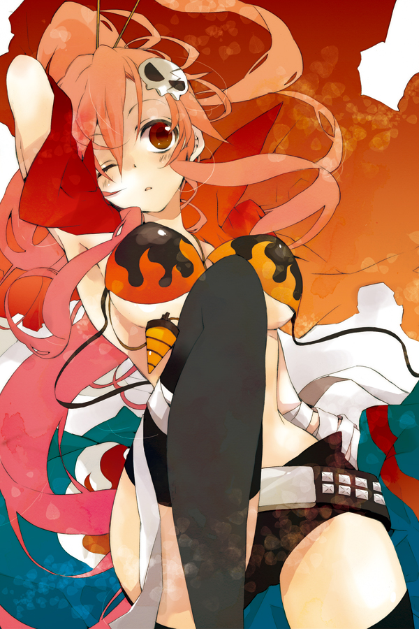 harikamo, yoko littner, tengen toppa gurren lagann, bad id, bad pixiv id, 00s, 1girl, armpits, bandages, belt, bikini, bikini top only, black thighhighs, breasts, cape, core drill, drill, female focus, hair ornament, hairclip, jewelry, long hair, midriff, necklace, one eye closed, ponytail, red eyes, red hair, short shorts, shorts, skull, solo, studded belt, swimsuit, thighhighs, underboob, very long hair, wink