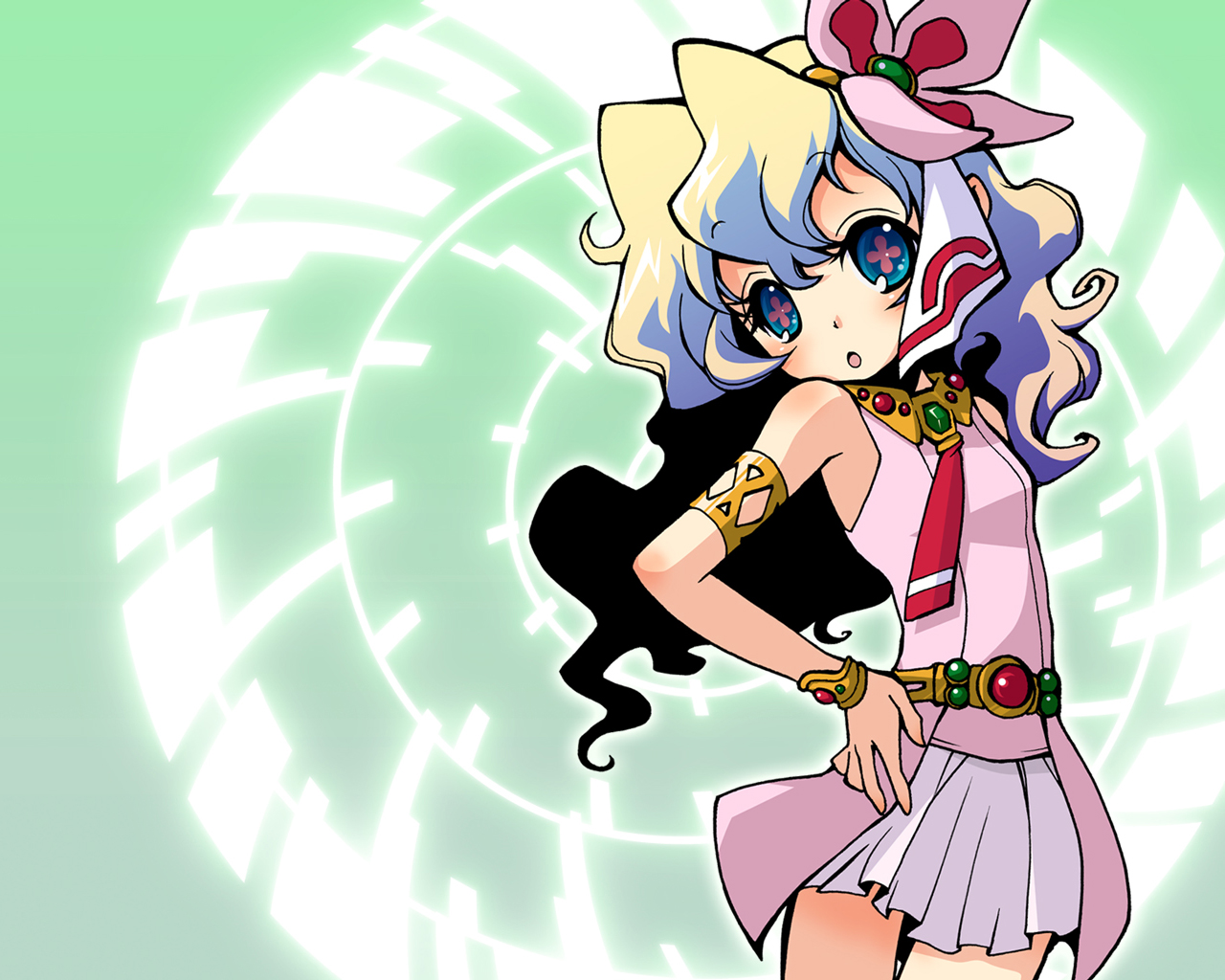 moriwo, nia teppelin, tengen toppa gurren lagann, + +, 00s, 1girl, armlet, bracelet, cross-shaped pupils, curly hair, dress, female focus, flat chest, flower, hair flower, hair ornament, jewelry, long hair, multicolored hair, necktie, pink dress, pink skirt, skirt, solo, symbol-shaped pupils, two-tone hair