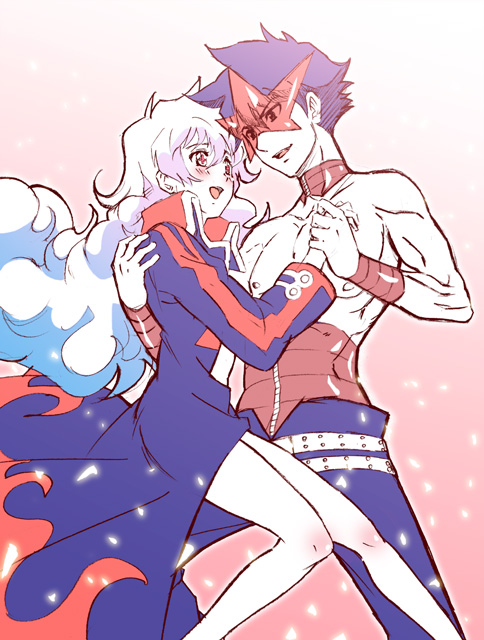 hikari (mitsu honey), nia teppelin, simon (ttgl), tengen toppa gurren lagann, tengen toppa gurren lagann: lagann-hen, 00s, 1boy, 1girl, aged up, blue hair, blush, coat, couple, glasses, hetero, holding hands, kamina shades, long hair, multicolored hair, naked coat, simon shades, sunglasses, topless male, trench coat