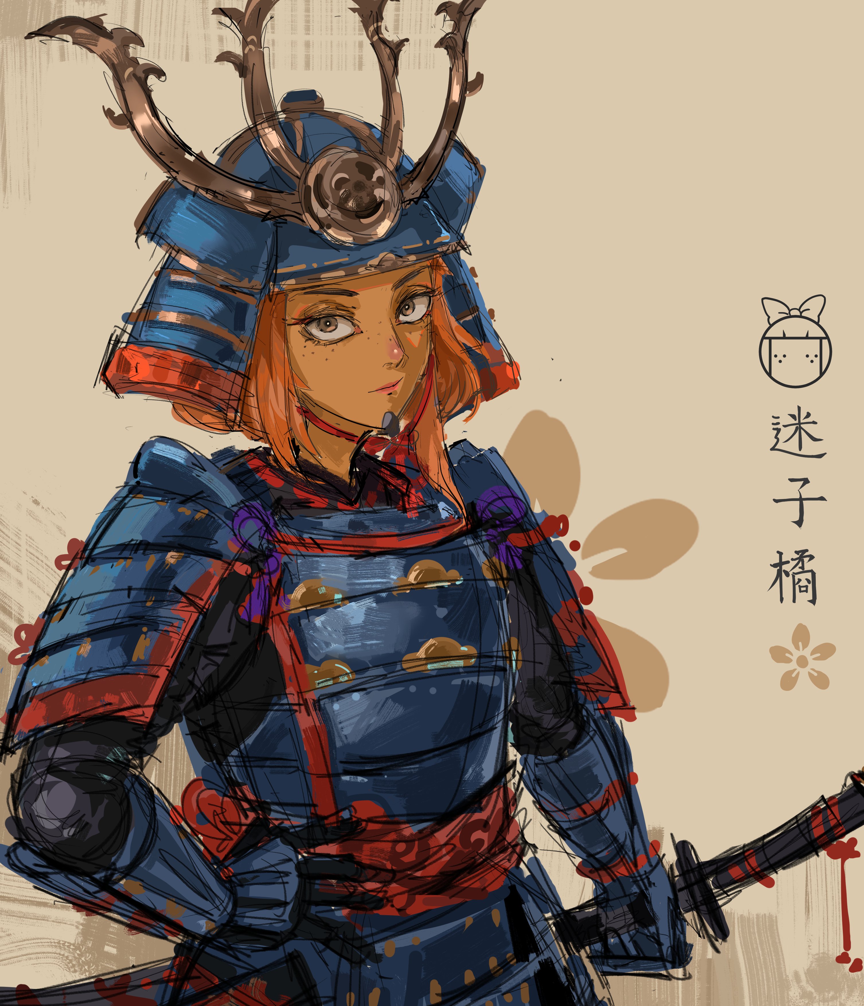 mymy schoppenboer, ongezellig, absurdres, commentary, highres, translated, 1girl, arm at side, armor, black armor, bob cut, breastplate, bright pupils, brown background, brown eyes, cherry blossoms, chin strap, dark-skinned female, dark skin, eyelashes, freckles, gauntlets, grey armor, grey helmet, hand on own hip, helmet, holding, holding sword, holding weapon, japanese armor, kabuto (helmet), katana, looking at viewer, orange hair, pauldrons, red trim, romaji commentary, samurai, short hair, shoulder armor, sidelocks, sketch, solo, sword, the devil chewing gum, weapon, white pupils