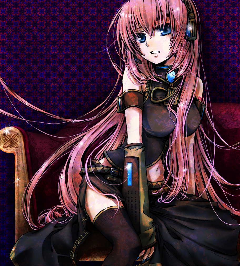 hirako, megurine luka, vocaloid, blue eyes, long hair, midriff, navel, pink hair, solo, thighhighs, very long hair