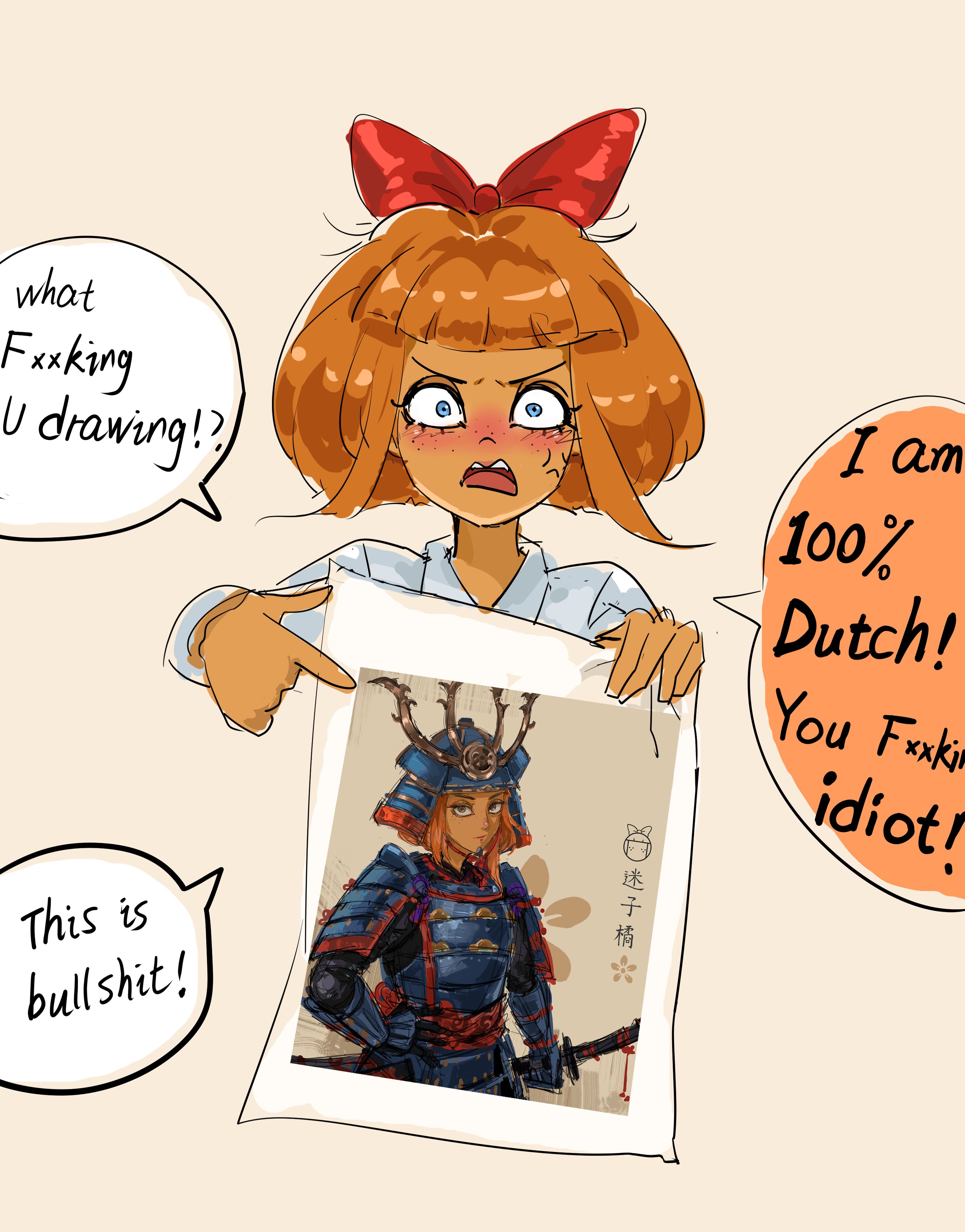 mymy schoppenboer, ongezellig, absurdres, commentary, highres, translated, 1girl, anger vein, angry, blue eyes, blunt bangs, blush, bob cut, bow, brown background, censored profanity, collared shirt, dark-skinned female, dark skin, drawing (object), dress shirt, embarrassed, english text, freckles, furrowed brow, hair bow, holding, holding drawing, loose hair strand, nose blush, open mouth, orange hair, pointing, pointing at object, profanity, red bow, romaji commentary, shirt, short hair, shouting, sidelocks, simple background, sketch, solo, speech bubble, teeth, the devil chewing gum, upper teeth only, v-shaped eyebrows, white shirt