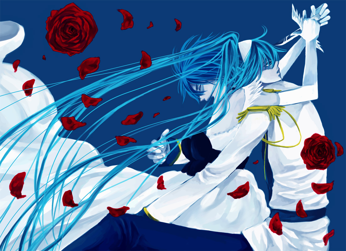 kamu, kamu (camui), cendrillon (toaru majutsu no index), hatsune miku, kaito (vocaloid), cendrillon (vocaloid), vocaloid, bad id, bad pixiv id, 1boy, 1girl, blue hair, dagger, dress, elbow gloves, flower, gloves, headband, knife, long hair, petals, rose, twintails, very long hair, weapon, white dress