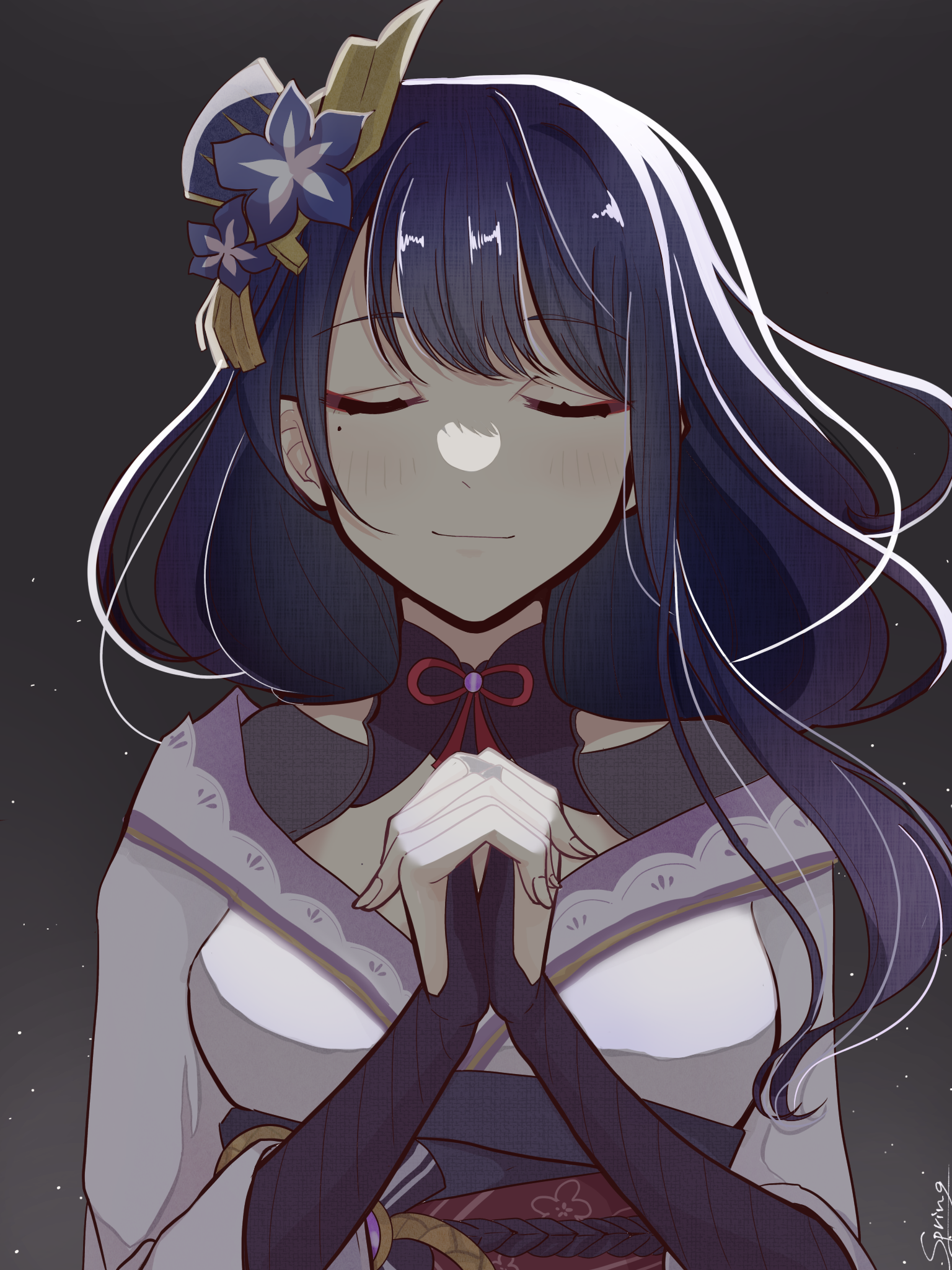 raiden shogun, genshin impact, highres, 1girl, artist name, blunt bangs, bridal gauntlets, closed eyes, closed mouth, clothing cutout, eyeliner, fan hair ornament, flower, flower ornament, gradient background, gradient hair, grey background, hair ornament, happy, head tilt, japanese clothes, kimono, light blush, light smile, long hair, makeup, mole, mole under eye, multicolored hair, neck ribbon, off shoulder, own hands clasped, own hands together, palms together, praying, purple flower, purple hair, purple kimono, red eyeliner, red ribbon, red sash, ribbon, sash, shade, shoulder cutout, signature, sky, solo, standing, star (sky), starry sky, su pupuring, upper body, wavy hair