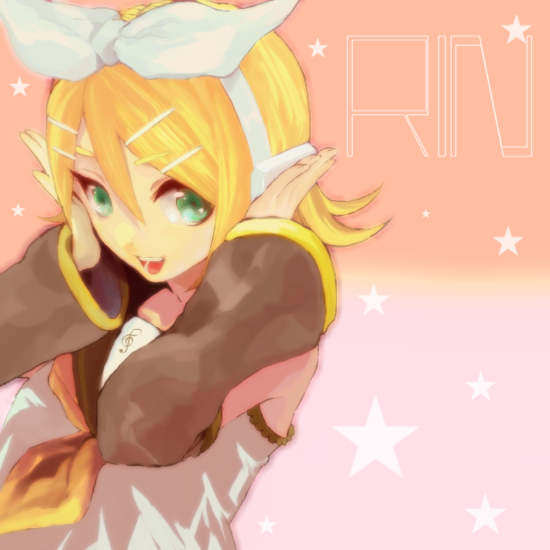 brain-m, nou (brain-m), kagamine rin, vocaloid, bad id, bad pixiv id, 1girl, blonde hair, female focus, green eyes, hair ornament, hair ribbon, hairclip, headphones, ribbon, short hair, smile, solo