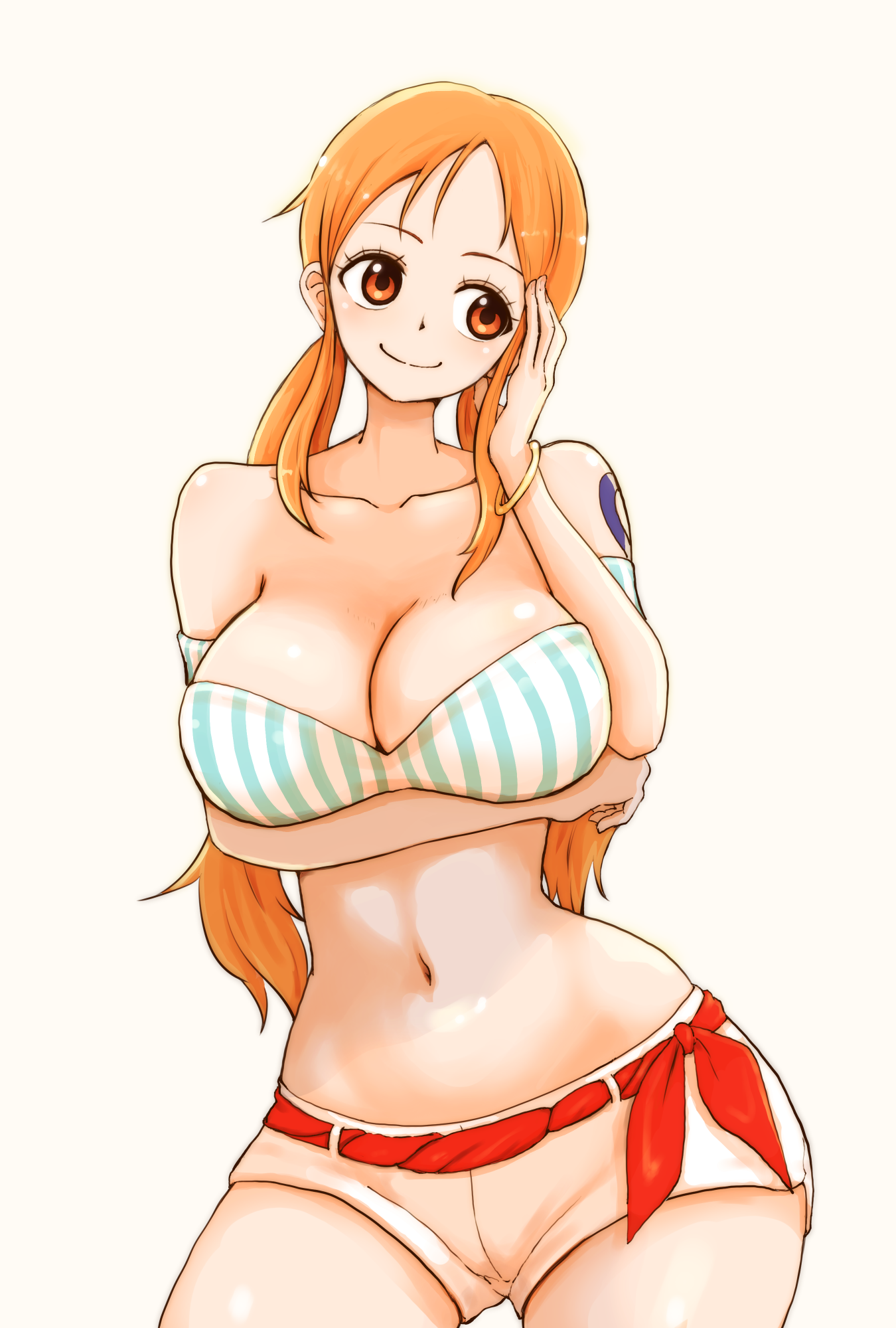 cutterhappa, nami (one piece), one piece, commentary request, highres, 1girl, arm tattoo, arm under breasts, breasts, cleavage, collarbone, cowboy shot, crop top, large breasts, long hair, navel, orange eyes, orange hair, short shorts, shorts, sideways glance, simple background, solo, stomach, tattoo, thighs, twintails, very long hair, white background, white shorts