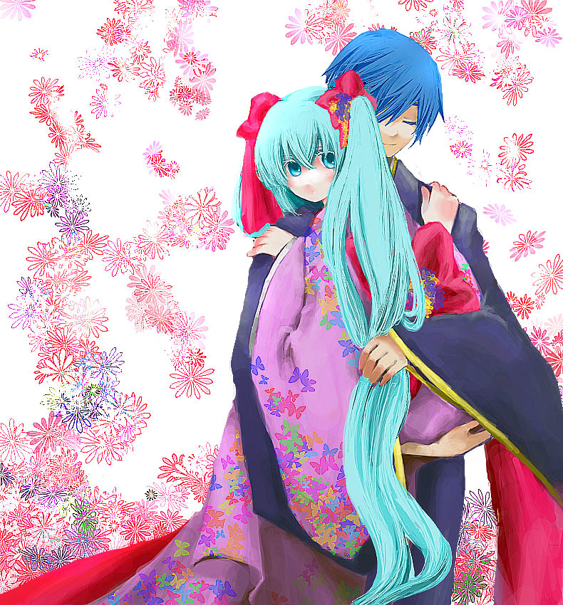 nanceee 305, hatsune miku, kaito (vocaloid), vocaloid, bad id, bad pixiv id, 1boy, 1girl, aqua hair, blue hair, flower, hair ribbon, holding, japanese clothes, kimono, long hair, ribbon, twintails