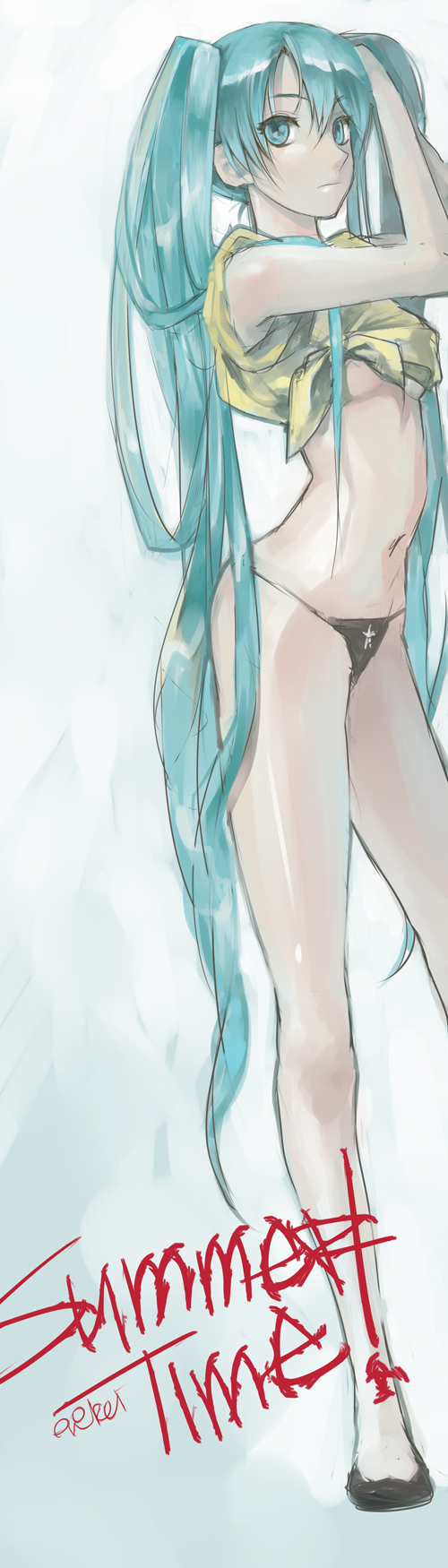rei (sanbonzakura), hatsune miku, vocaloid, bad id, bad pixiv id, highres, long image, tall image, 1girl, aqua eyes, aqua hair, armpit peek, bikini, breasts, female focus, long hair, medium breasts, shirt, solo, swimsuit, tied shirt, twintails, underboob, very long hair
