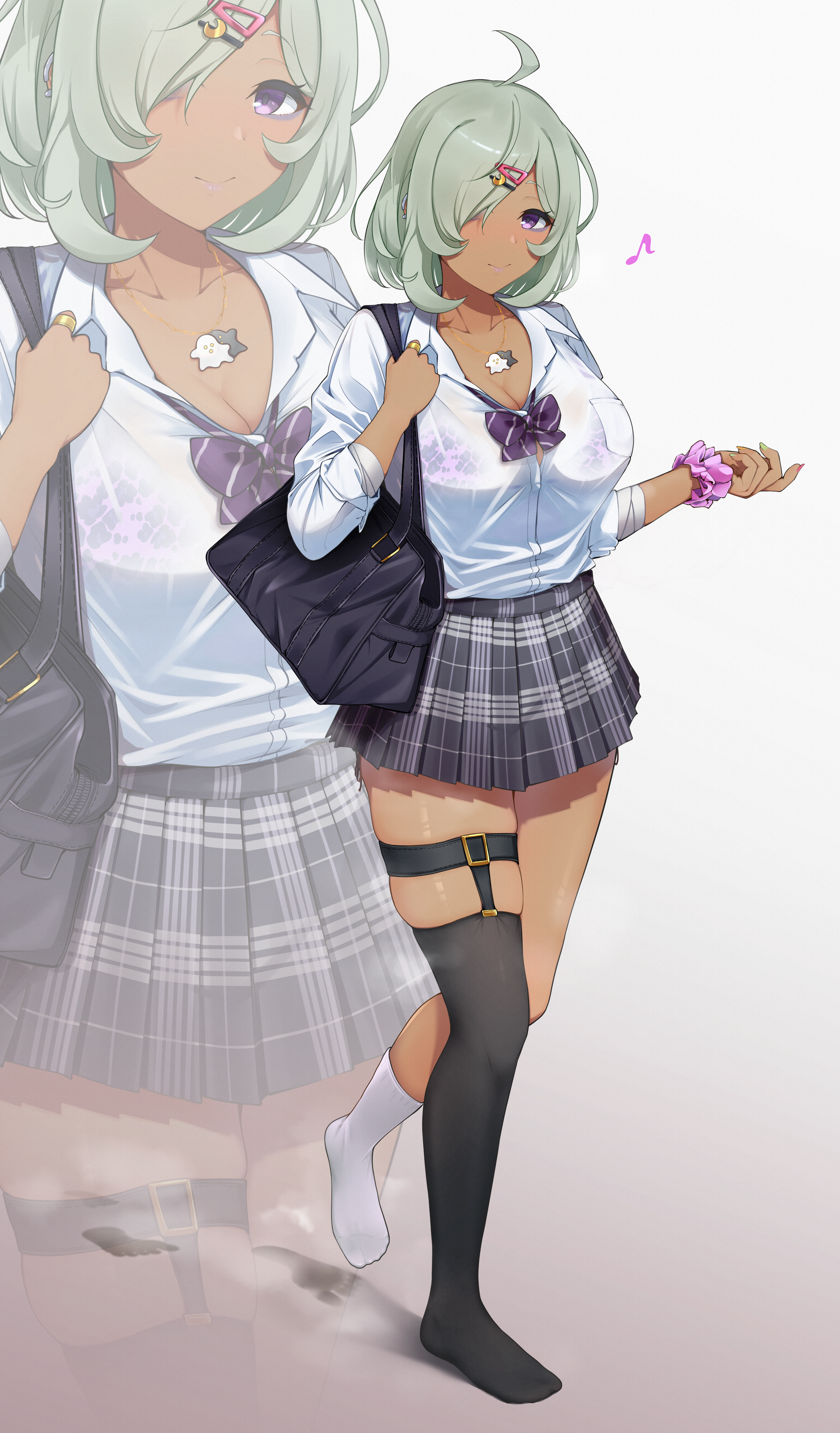 nickh4410, original, absurdres, commentary request, highres, 1girl, ahoge, animal print, asymmetrical legwear, bag, black thighhighs, bow, bowtie, bra, bra visible through clothes, breasts, cleavage, dark-skinned female, dark skin, footprints, green hair, gyaru, hair ornament, hairclip, jewelry, large breasts, legwear garter, leopard print, leopard print bra, miniskirt, multicolored nails, necklace, no shoes, pink scrunchie, pleated skirt, print bra, purple bow, purple bowtie, purple eyes, school bag, school uniform, scrunchie, short hair, single legwear garter, skindentation, skirt, solo, steaming body, striped bow, striped bowtie, striped clothes, tan, thighhighs, thighs, underwear, uneven legwear, walking, white background, wrist scrunchie