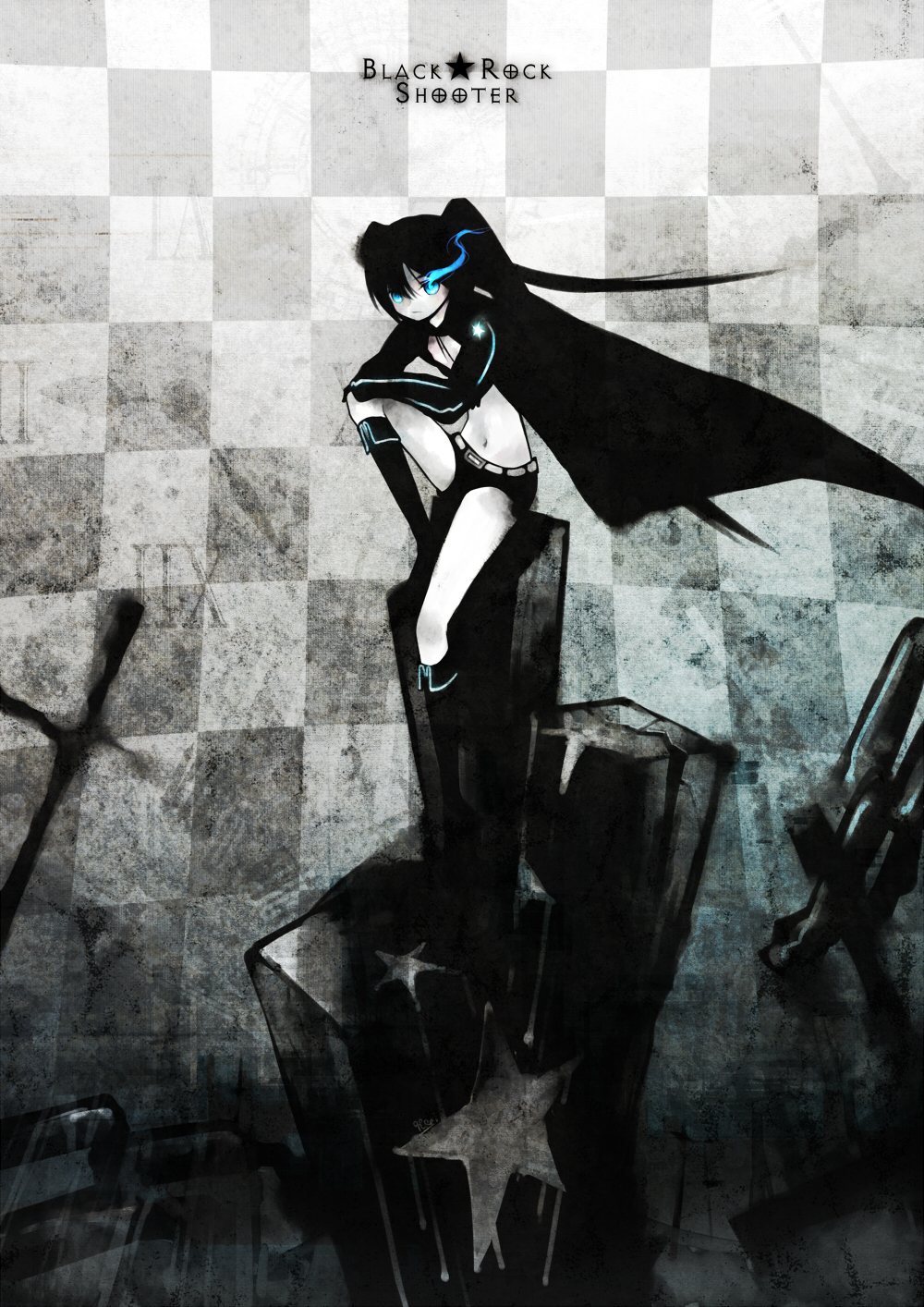 rei (sanbonzakura), black rock shooter (character), black rock shooter, vocaloid, bad id, bad pixiv id, highres, 10s, 1girl, belt, black hair, blue eyes, boots, cape, cross, female focus, full body, glowing, glowing eyes, long hair, midriff, monochrome, navel, shorts, sitting, solo, spot color, twintails
