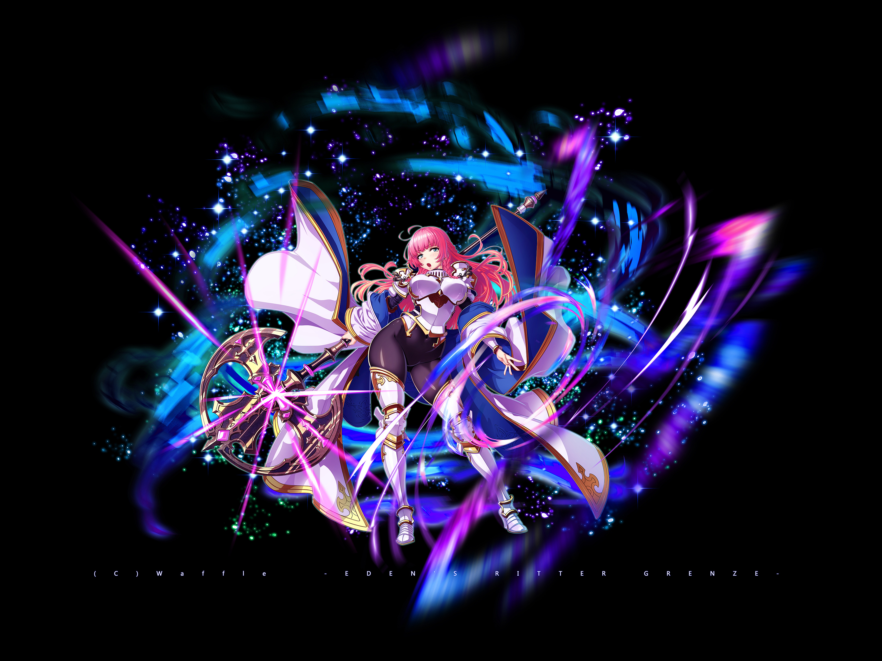 sakuya tsuitachi, eden's ritter grenze, highres, 1girl, armor, armored boots, axe, battle axe, black bodysuit, blue eyes, bodysuit, boots, breastplate, breasts, covered navel, holding, holding axe, large breasts, long hair, looking at viewer, open mouth, pink hair, solo, weapon