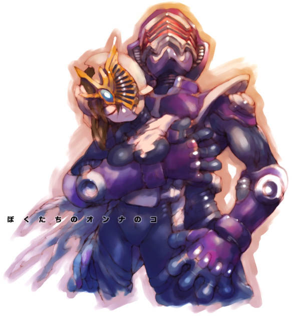 nakayama tooru, kamen rider femme, kamen rider ohja, kamen rider ouja, kamen rider ryuki, kamen rider, kamen rider ryuki (series), uniform, 1boy, 1girl, armor, bodysuit, breasts, cape, cleavage, cowboy shot, helmet, hetero, hug, simple background, standing, text focus, white background